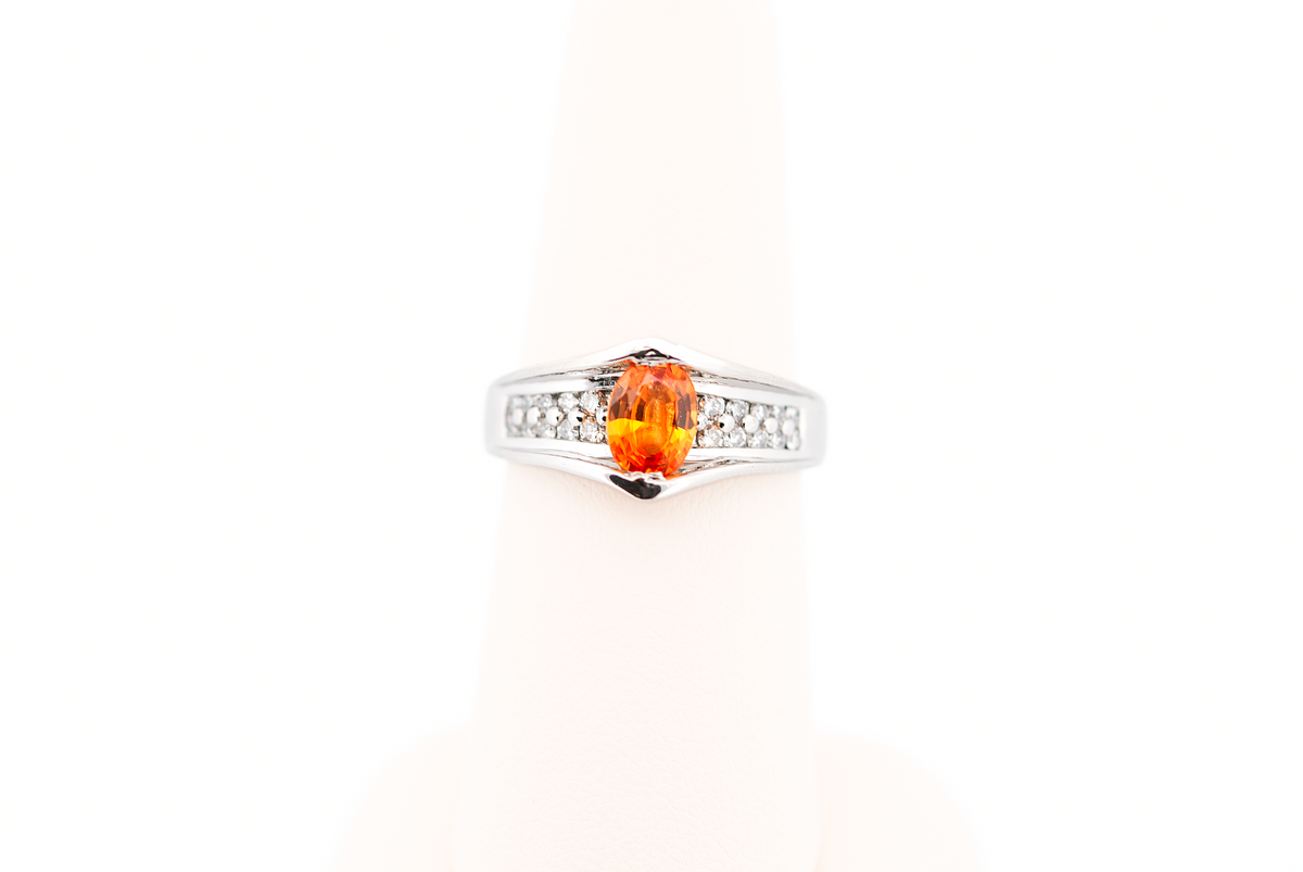 Custom Platinum Waterfall Ring with Orange Sapphire & Diamonds
