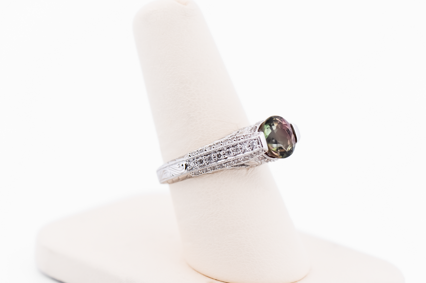 Custom Ring with Rare Round Watermelon Tourmaline & Diamonds