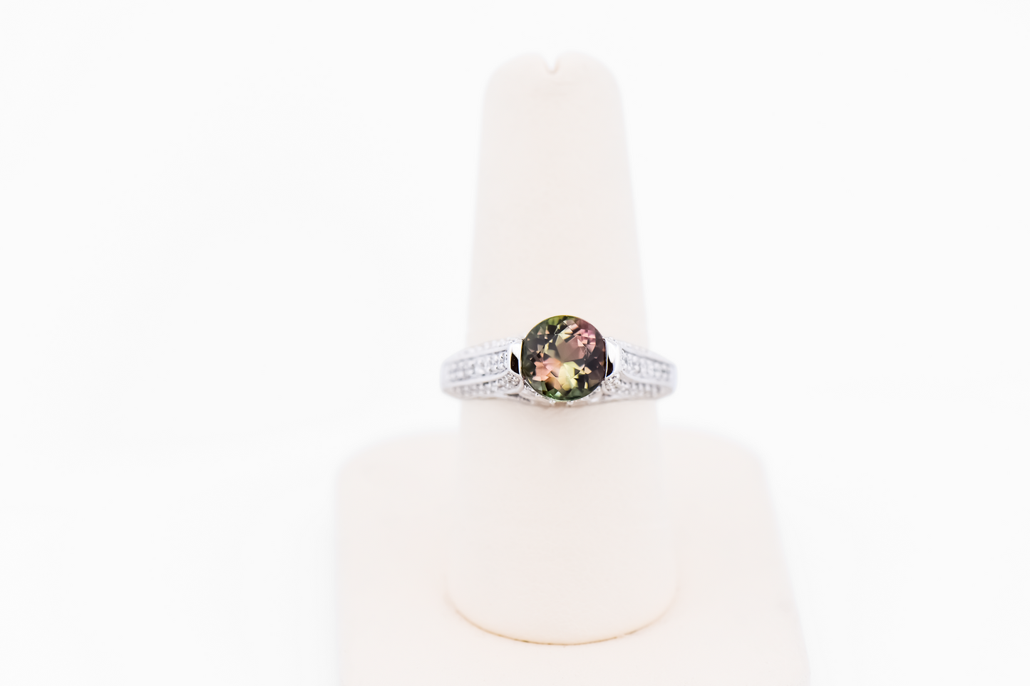 Custom Ring with Rare Round Watermelon Tourmaline & Diamonds