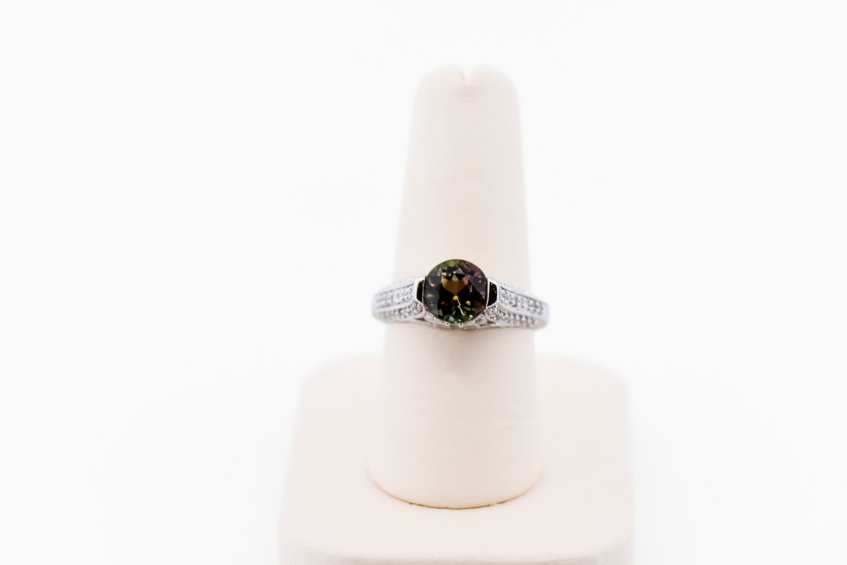 Custom Ring with Rare Round Watermelon Tourmaline & Diamonds