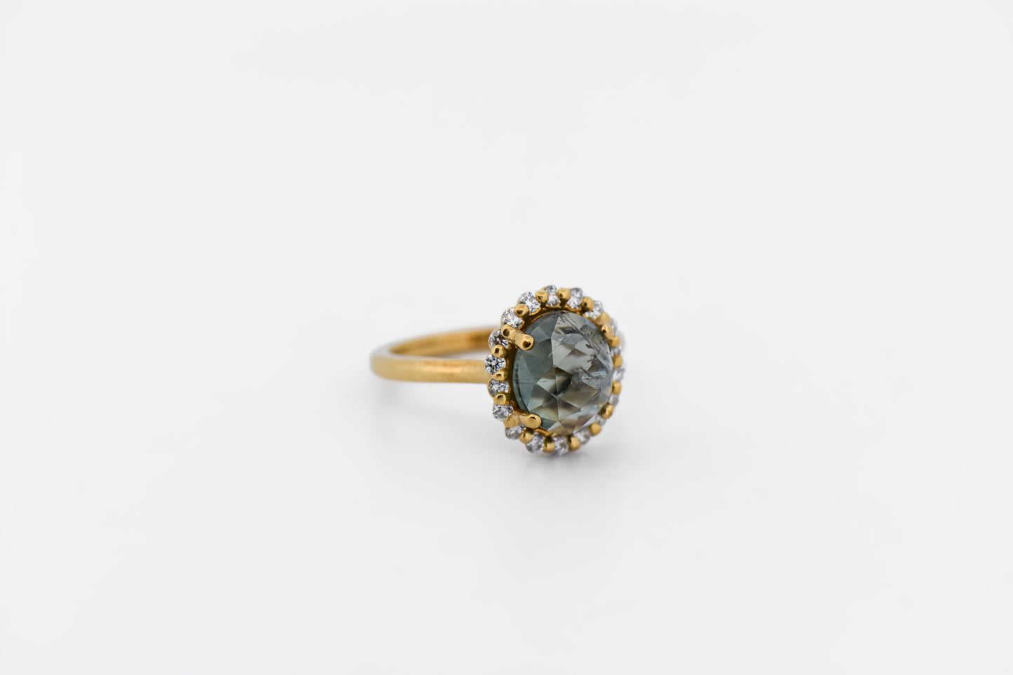 Custom Rose Cut Montana Green Sapphire & Diamond Halo Engagement Ring 18k