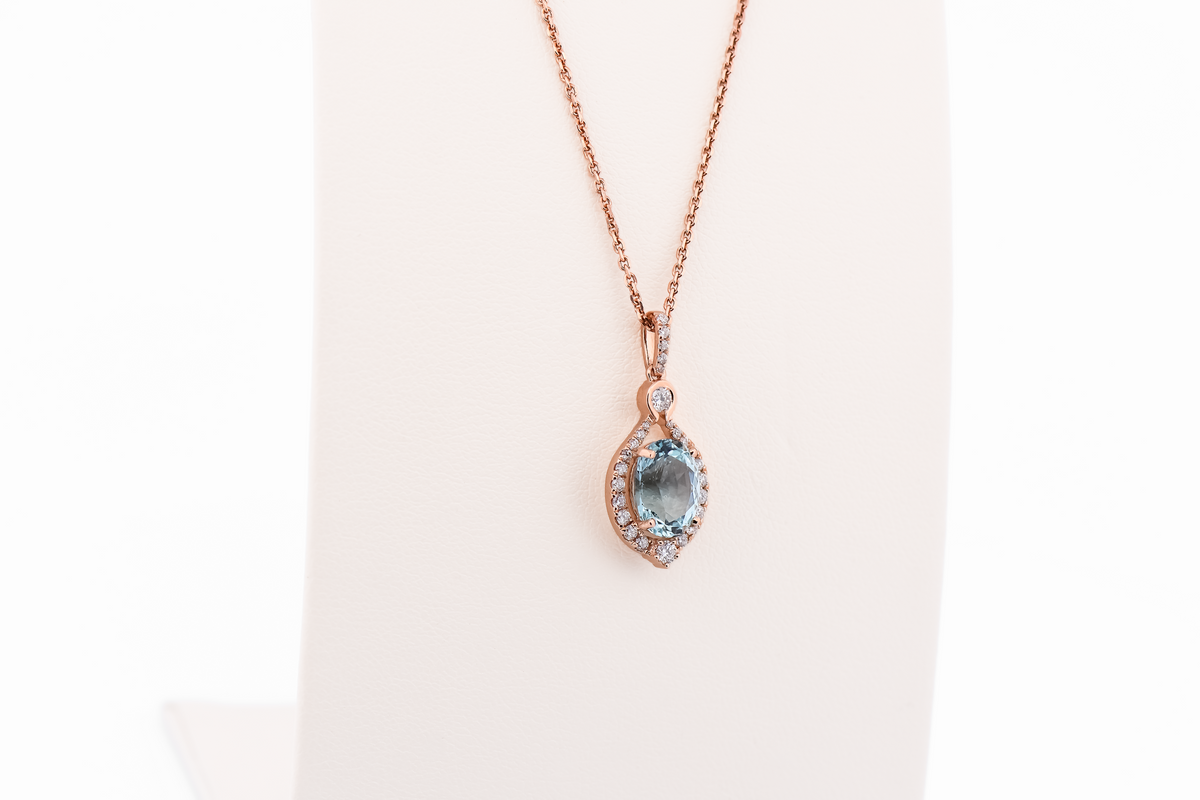 Custom Rose Gold Pendant with Oval Aquamarine & Diamond Accents
