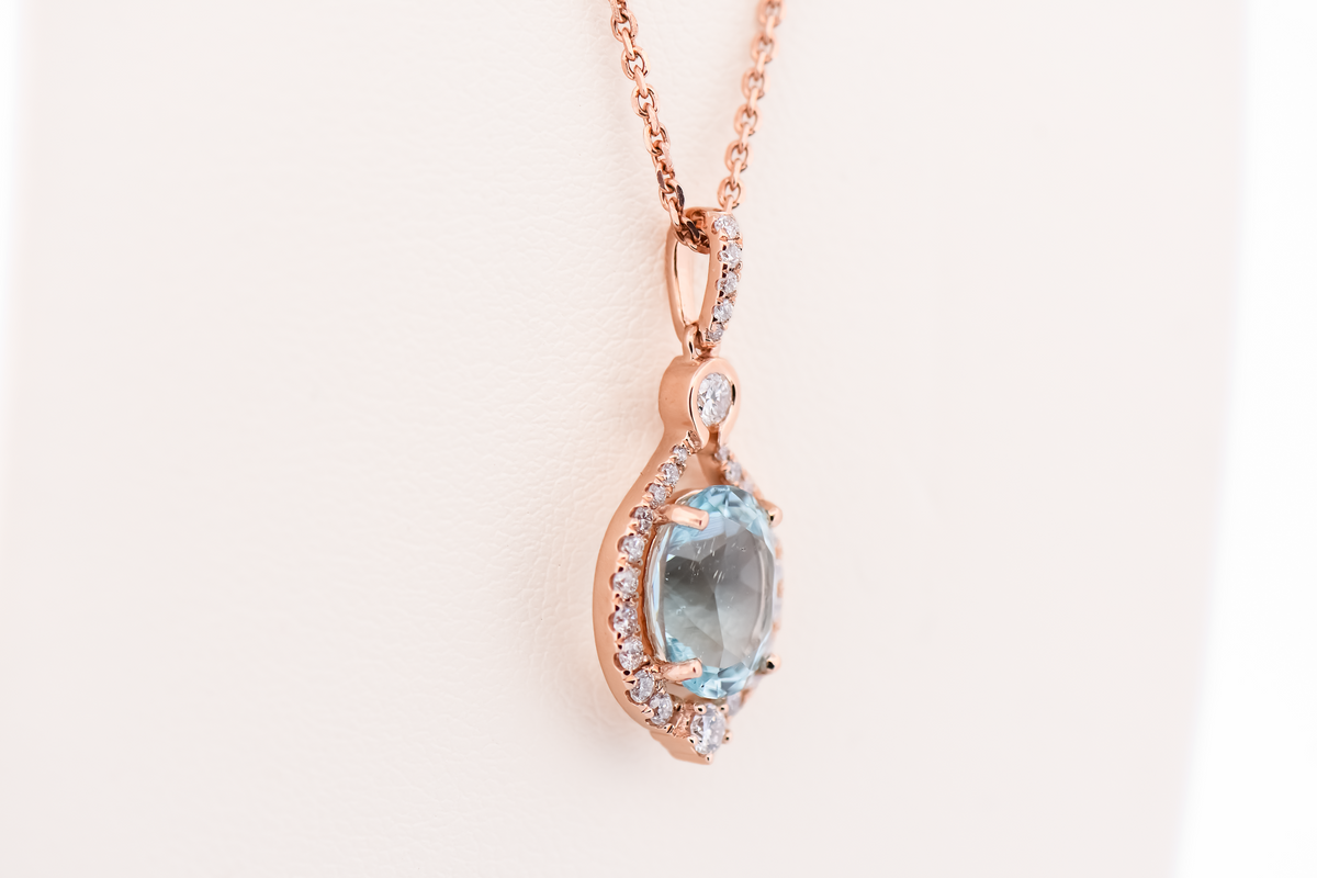 Custom Rose Gold Pendant with Oval Aquamarine & Diamond Accents
