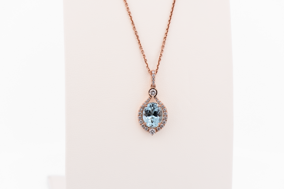 Custom Rose Gold Pendant with Oval Aquamarine & Diamond Accents