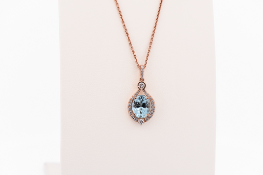Custom Rose Gold Pendant with Oval Aquamarine & Diamond Accents