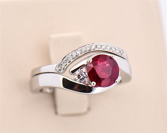 Custom Ruby & Diamond Wedding Set with 1.25ct Round Natural Ruby