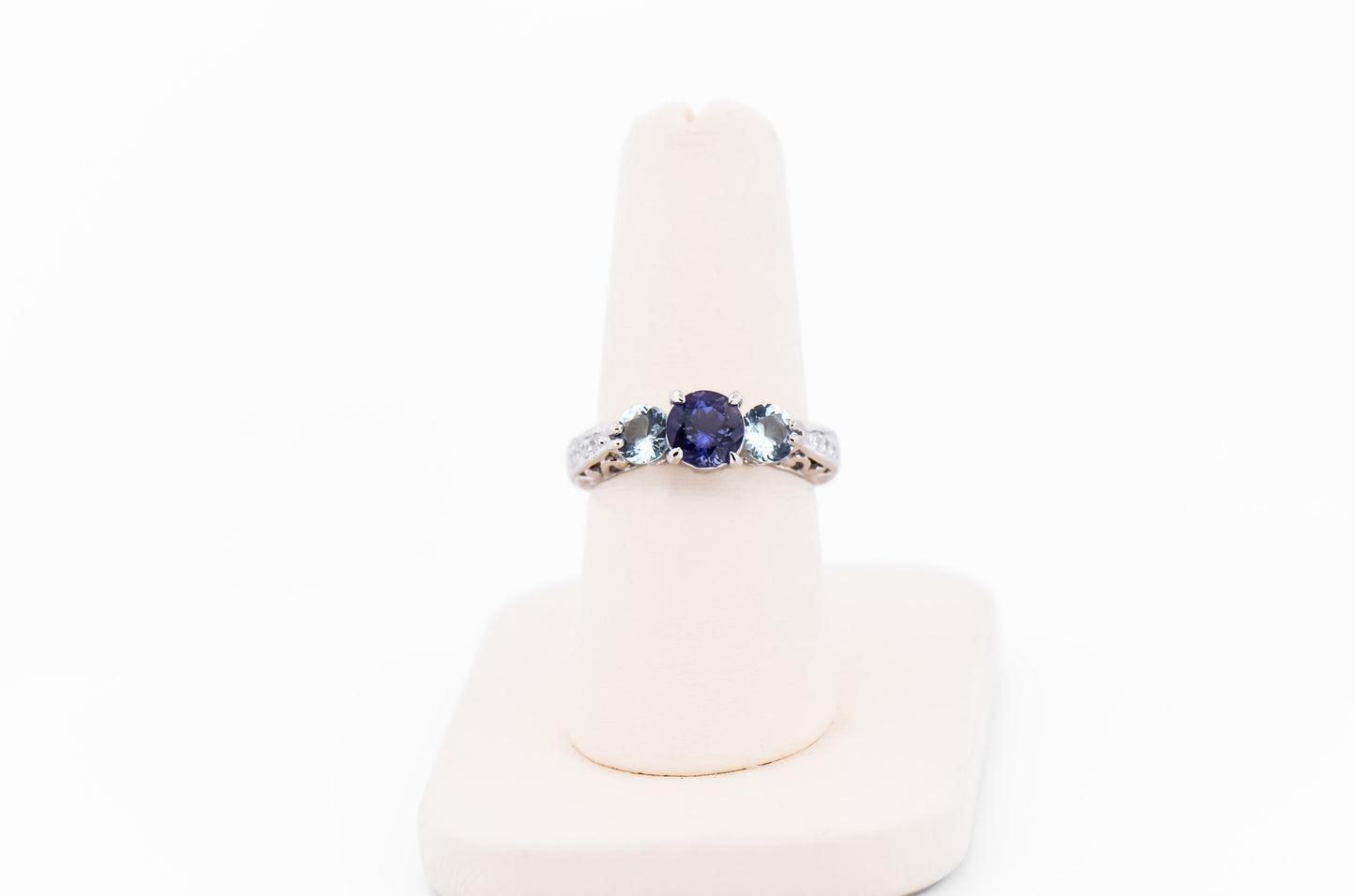 Custom White Gold 3-Stone Ring with Iolite, Aquamarine & Diamonds