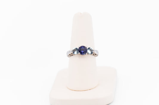 Custom White Gold 3-Stone Ring with Iolite, Aquamarine & Diamonds