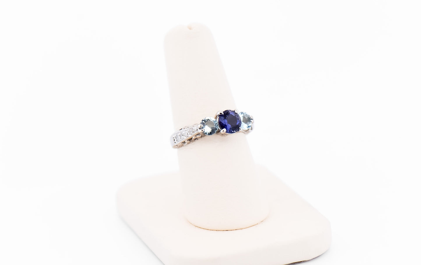 Custom White Gold 3-Stone Ring with Iolite, Aquamarine & Diamonds