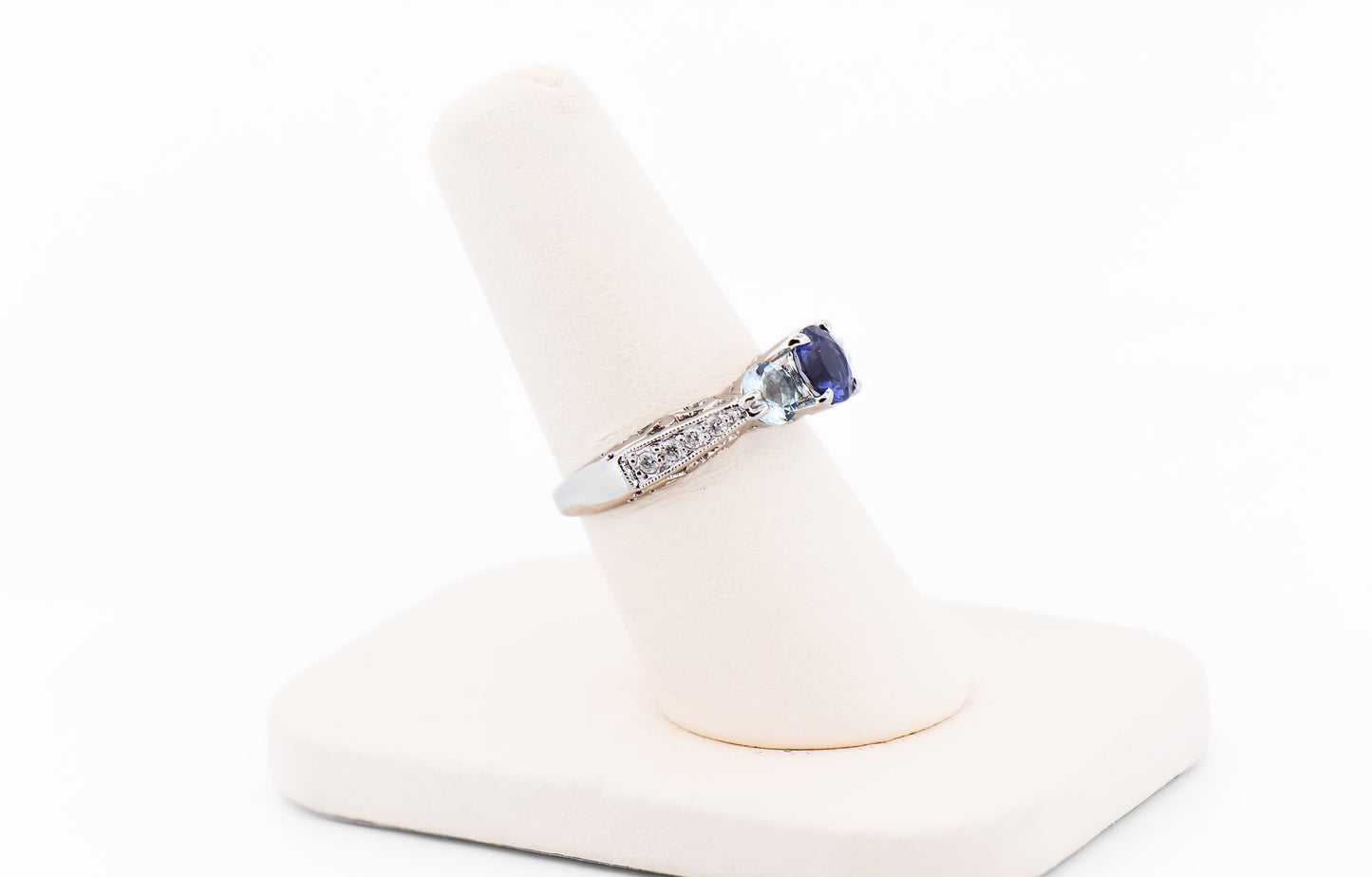 Custom White Gold 3-Stone Ring with Iolite, Aquamarine & Diamonds