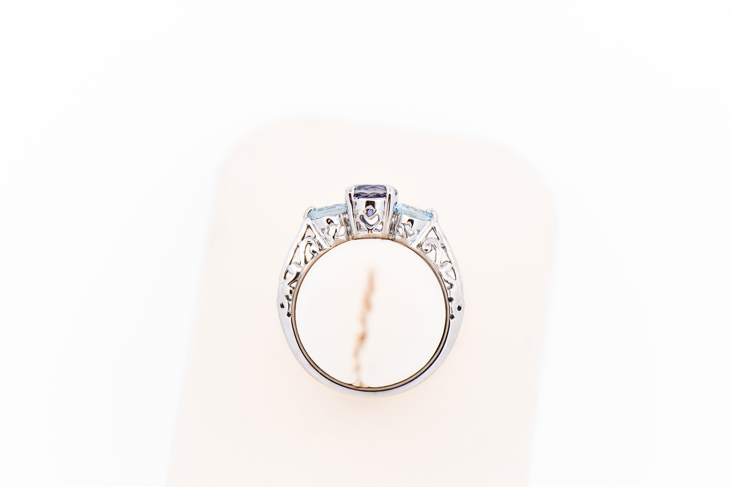 Custom White Gold 3-Stone Ring with Iolite, Aquamarine & Diamonds