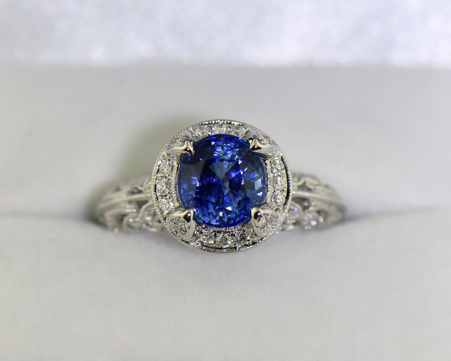 Custom White Gold Filigree Ring with Large Ceylon Sapphire