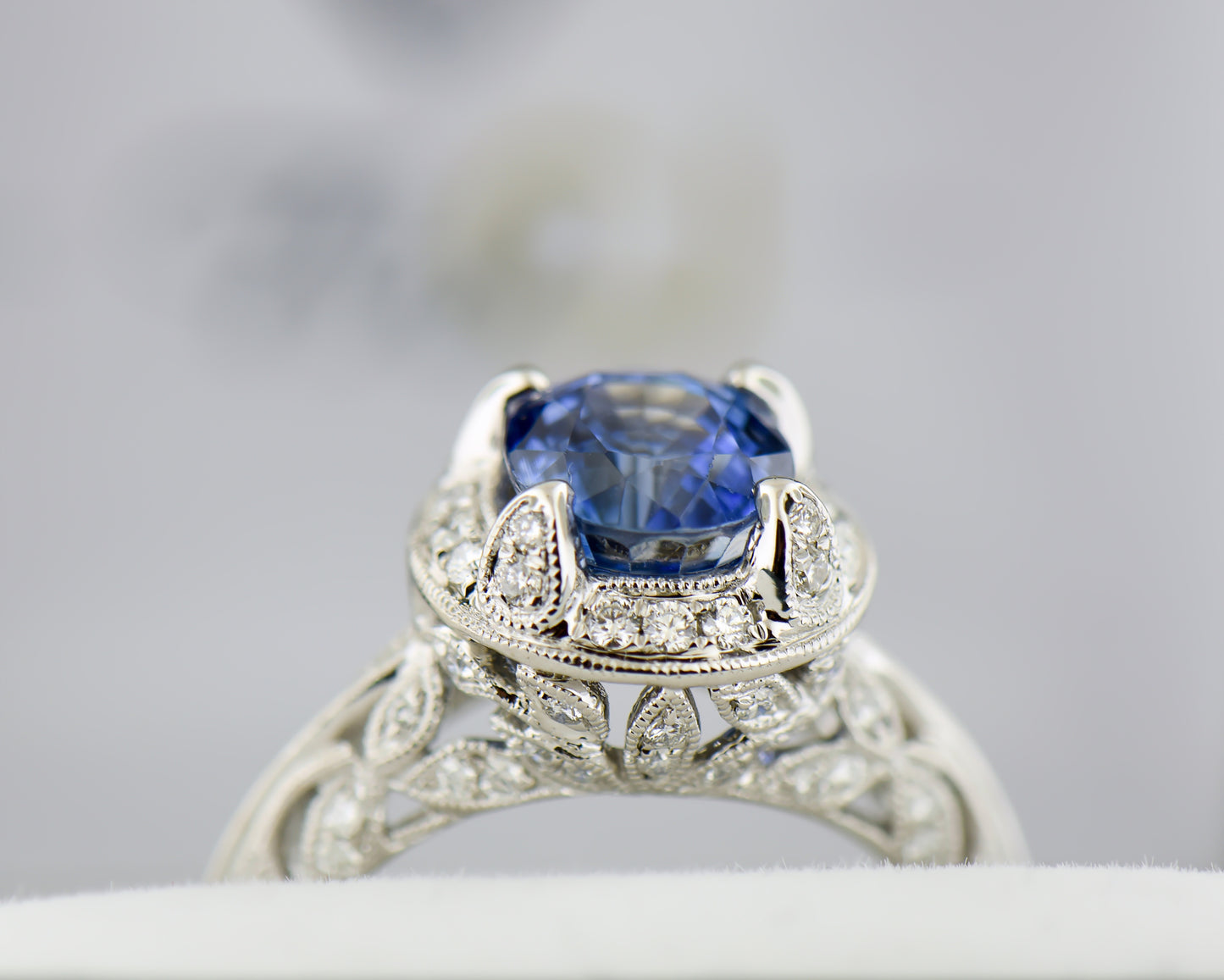 Custom White Gold Filigree Ring with Large Ceylon Sapphire