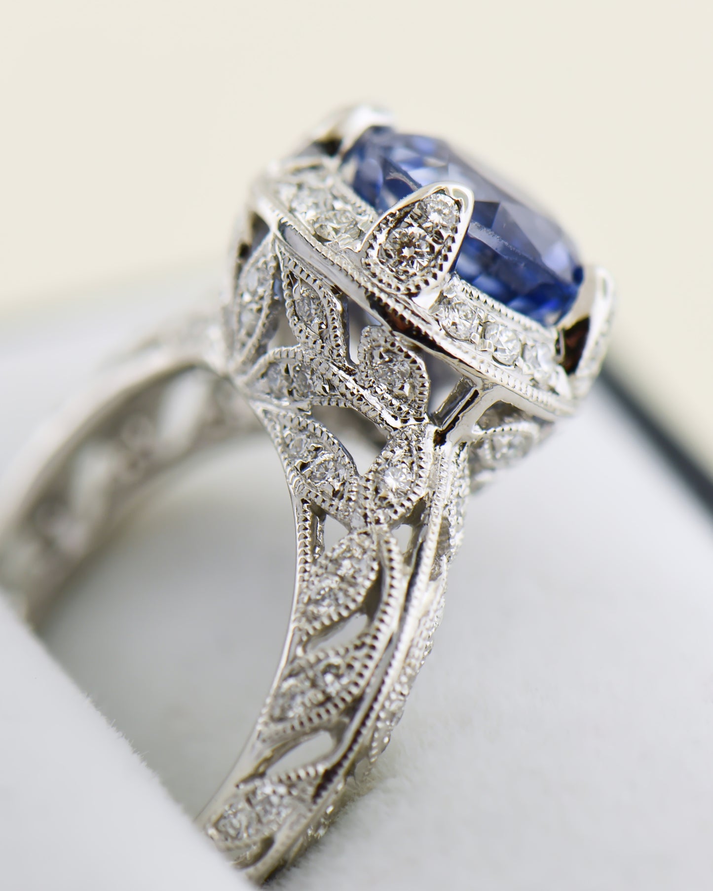 Custom White Gold Filigree Ring with Large Ceylon Sapphire