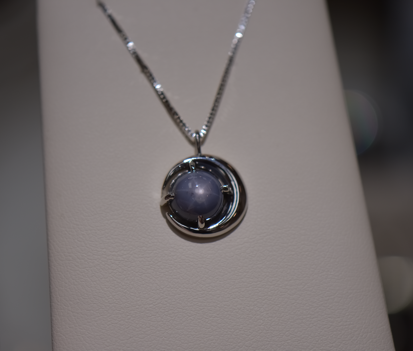 Custom White Gold Moon Necklace with Star Sapphire - Moon & Stars Necklace