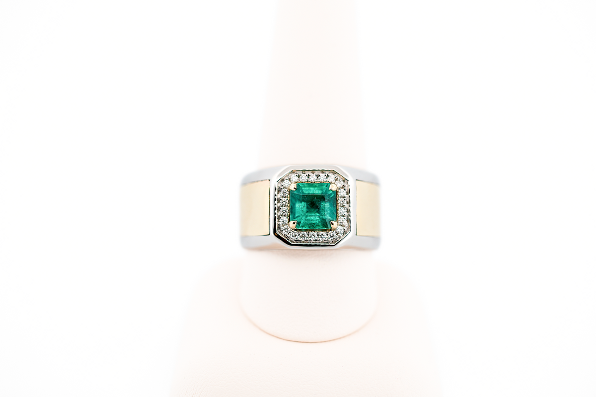 Custom Zambian Emerald & Diamond Gents Ring in Platinum & 14k Gold