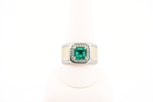Custom Zambian Emerald & Diamond Gents Ring in Platinum & 14k Gold