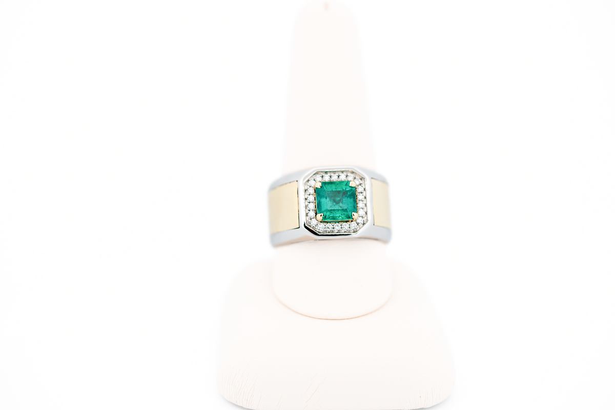 Custom Zambian Emerald & Diamond Gents Ring in Platinum & 14k Gold
