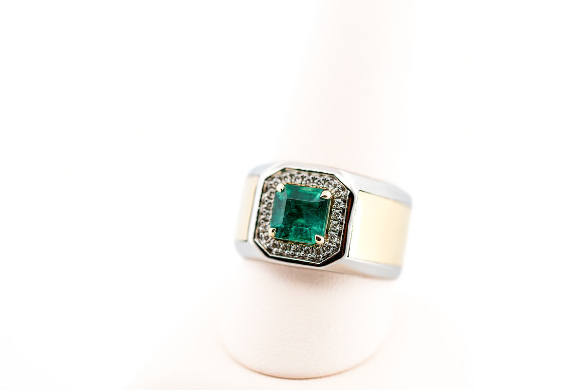 Custom Zambian Emerald & Diamond Gents Ring in Platinum & 14k Gold