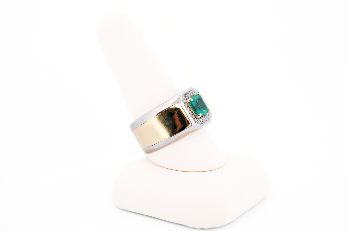 Custom Zambian Emerald & Diamond Gents Ring in Platinum & 14k Gold