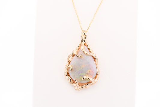 Amazing Brutalist Pendant - Coober Pedy Opal Set in Yellow Gold Coral Inspired Frame