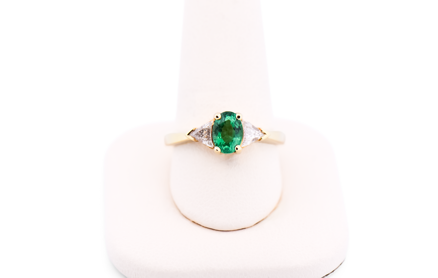 Classic Emerald Three Stone Ring with Trilliant Diamonds in 18k Yellow Gold