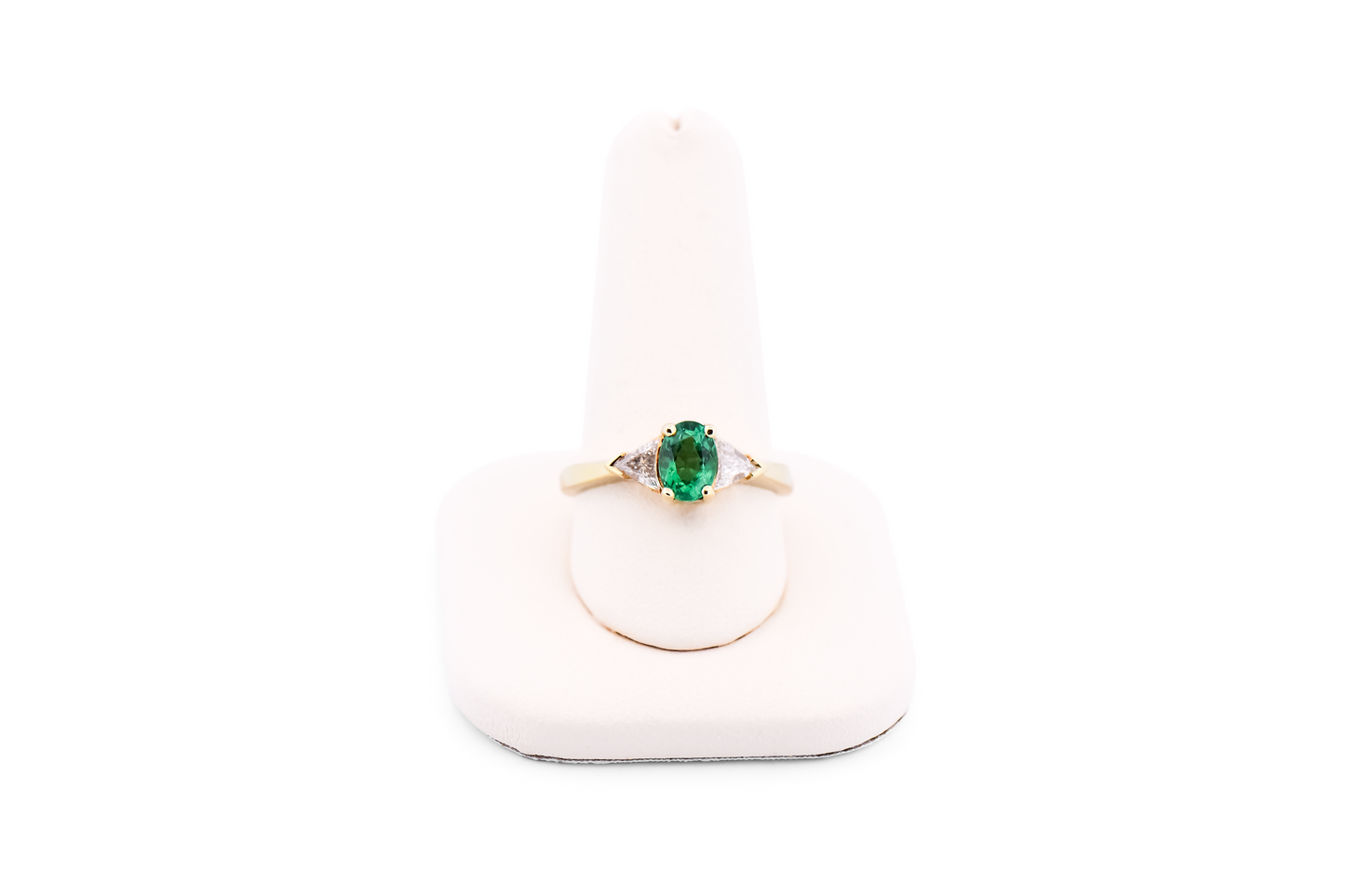 Classic Emerald Three Stone Ring with Trilliant Diamonds in 18k Yellow Gold
