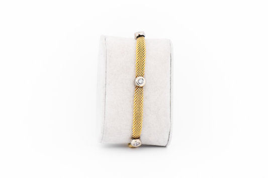Estate Diamond Station Bracelet - Bezel Set Diamonds on Yellow Gold Mesh
