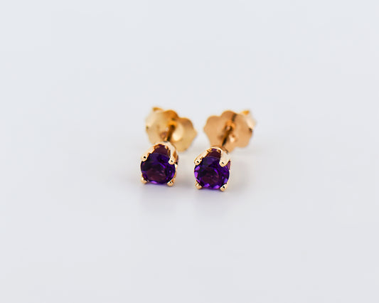 Dainty Amethyst Stud Earrings in Yellow Gold