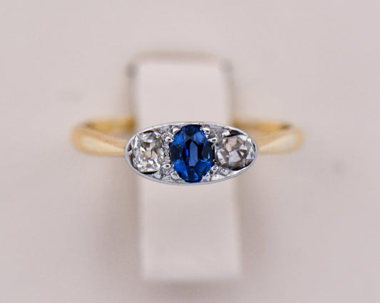 Dainty Antique Sapphire & Diamond Collet-Set 3-Stone Ring