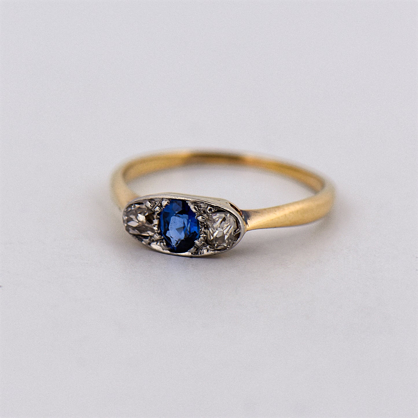 Dainty Antique Sapphire & Diamond Collet-Set 3-Stone Ring