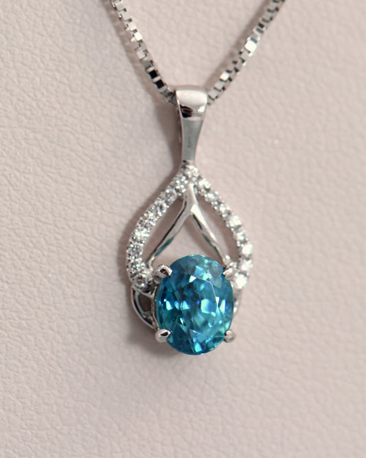 Dainty Deep Blue Zircon & Diamond Pendant in White Gold