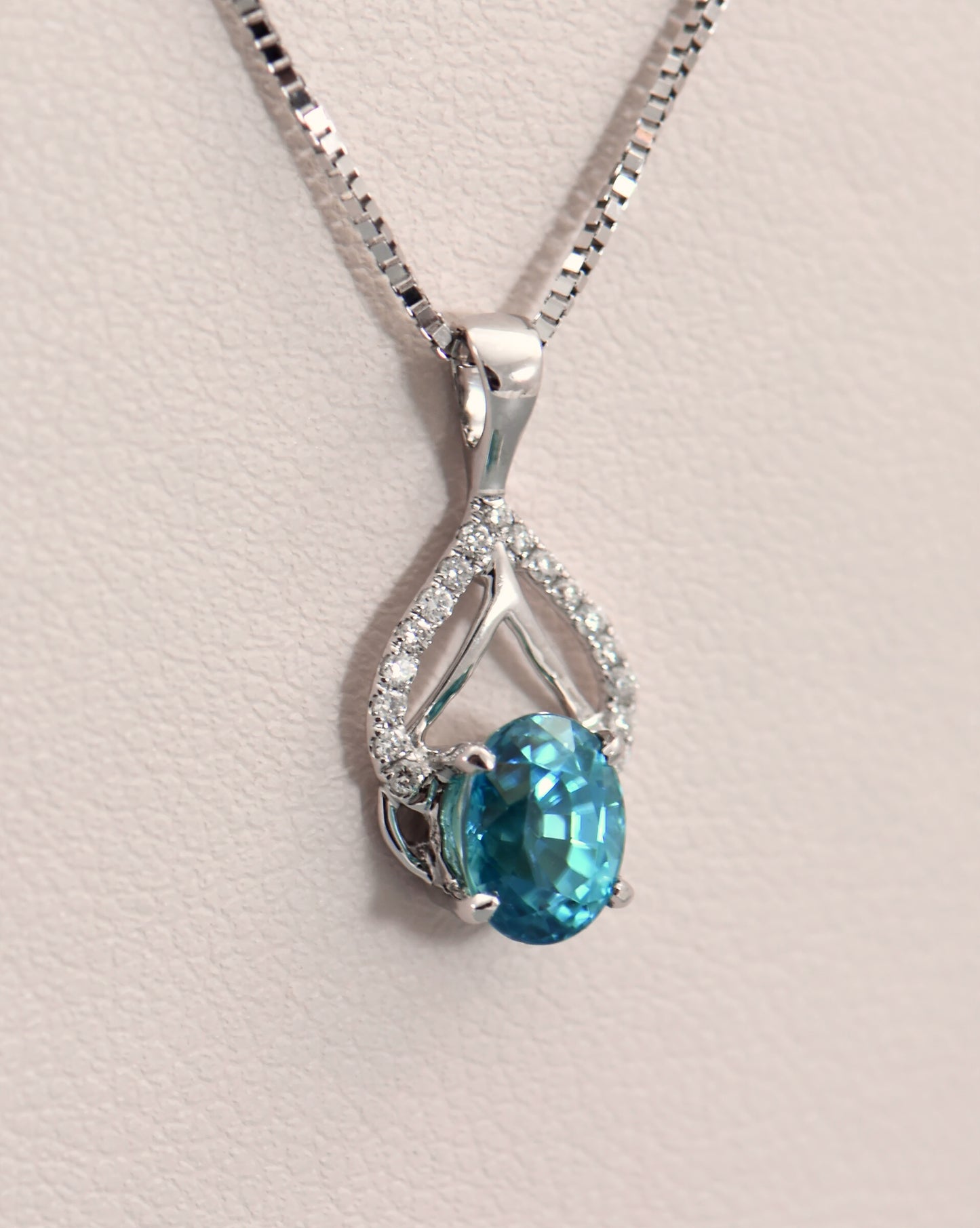 Dainty Deep Blue Zircon & Diamond Pendant in White Gold