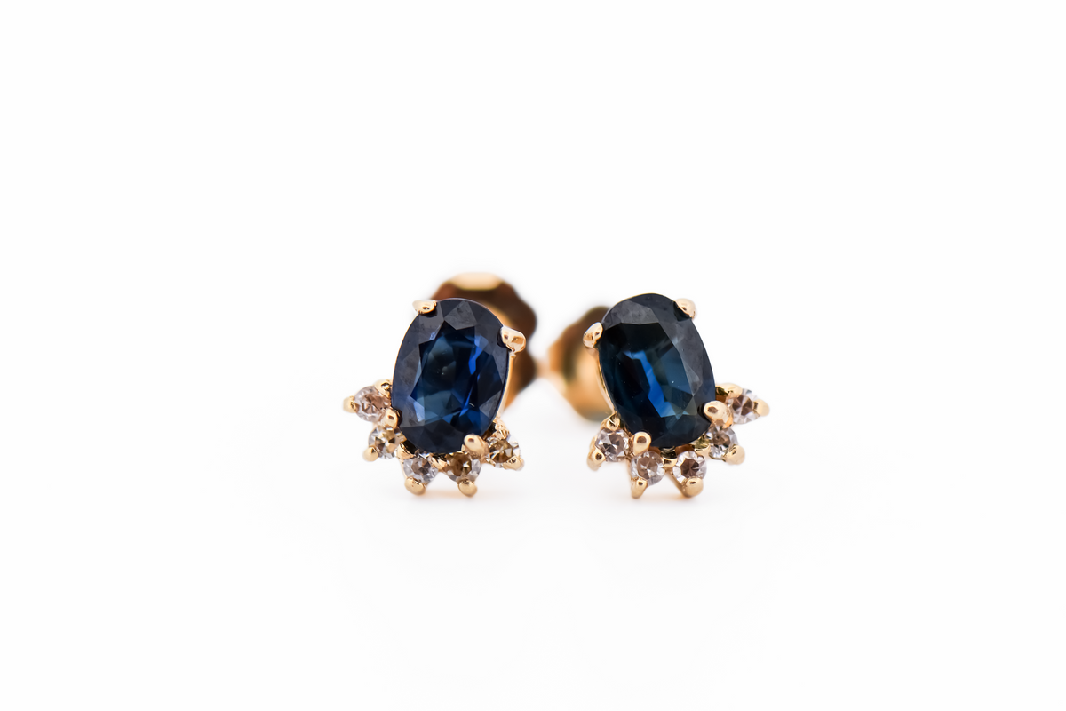 Dainty Estate Midnight Blue Sapphire & Diamond Stud Earrings