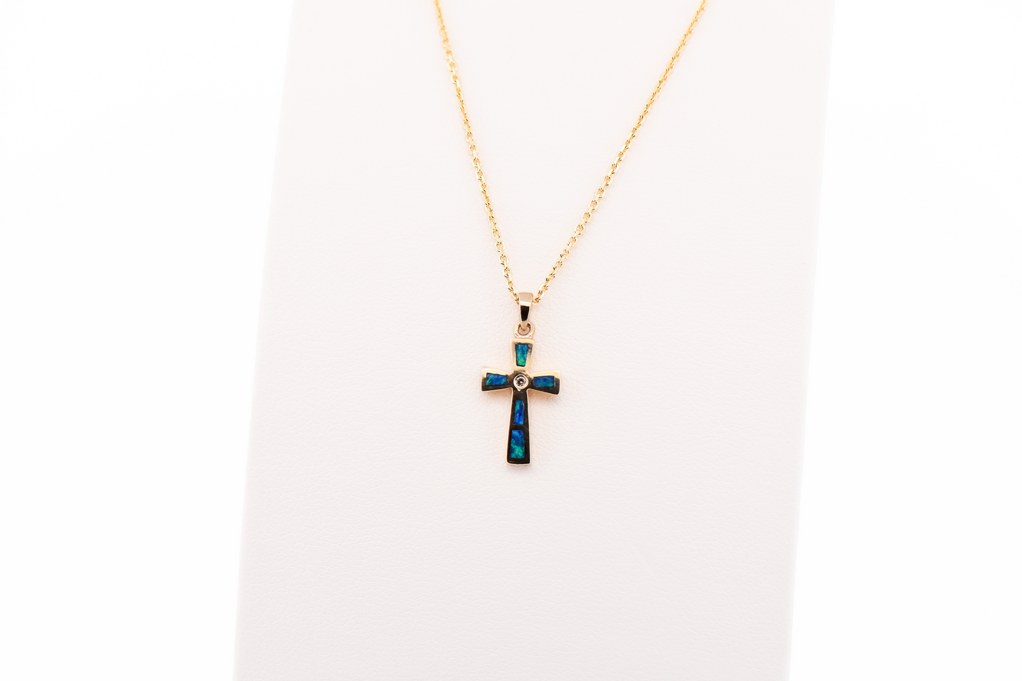 Dainty Gold Cross Pendant with Natural Opal Inlay & Diamond Accent