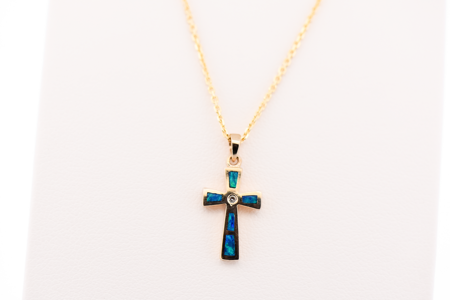 Dainty Gold Cross Pendant with Natural Opal Inlay & Diamond Accent