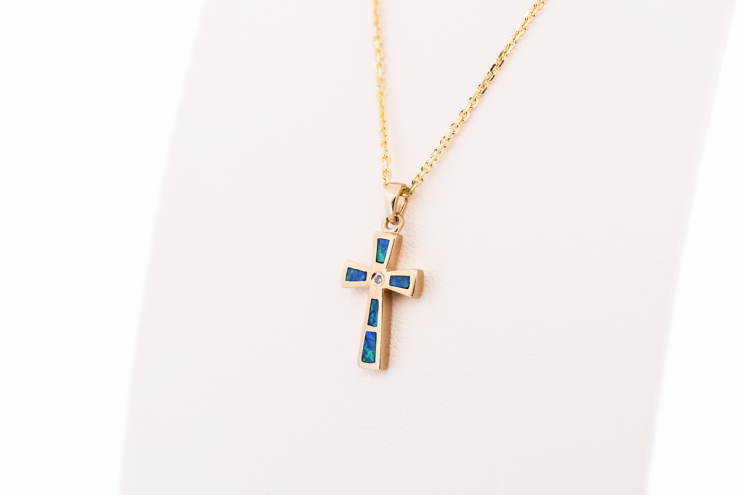 Dainty Gold Cross Pendant with Natural Opal Inlay & Diamond Accent