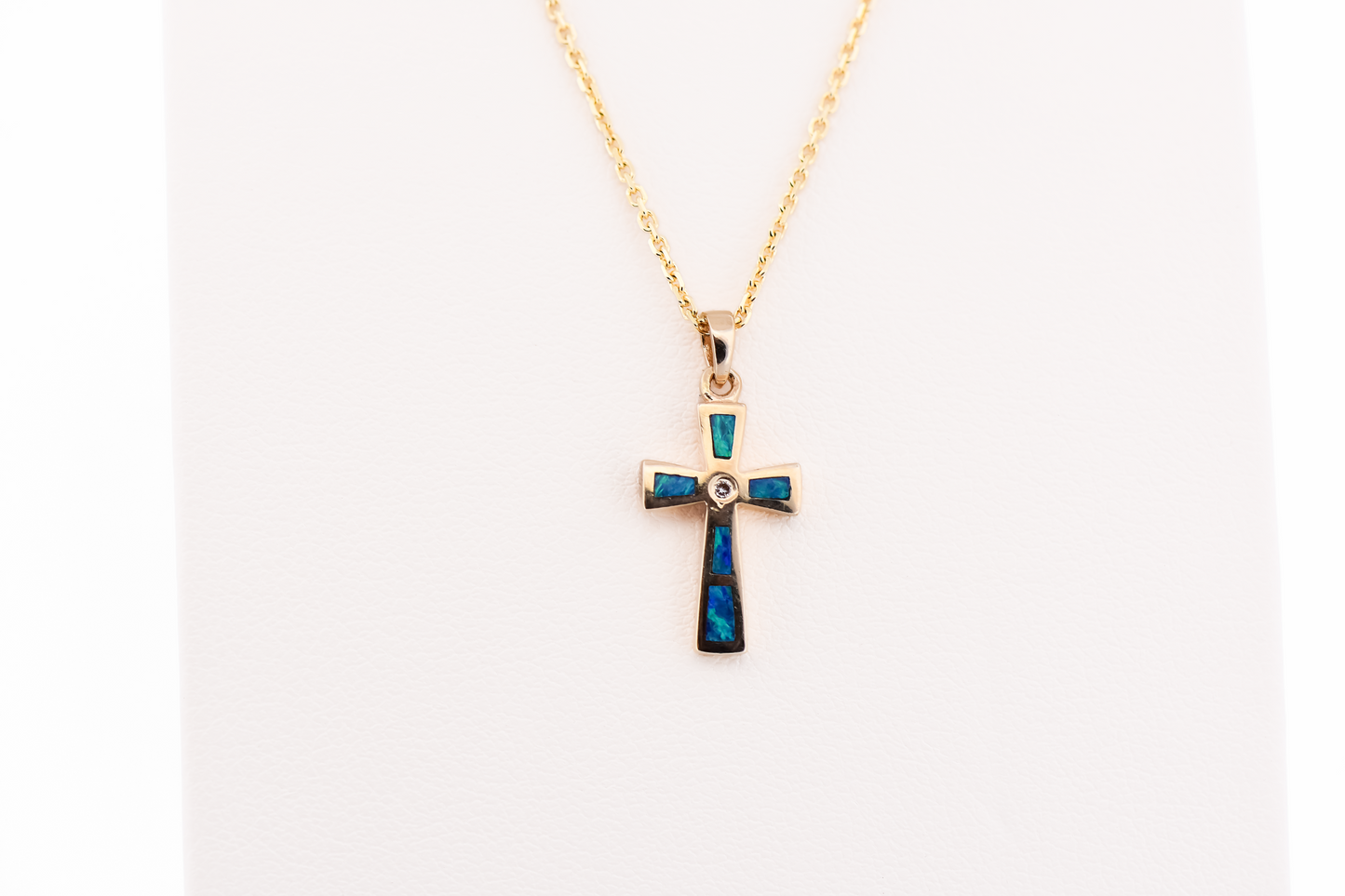 Dainty Gold Cross Pendant with Natural Opal Inlay & Diamond Accent