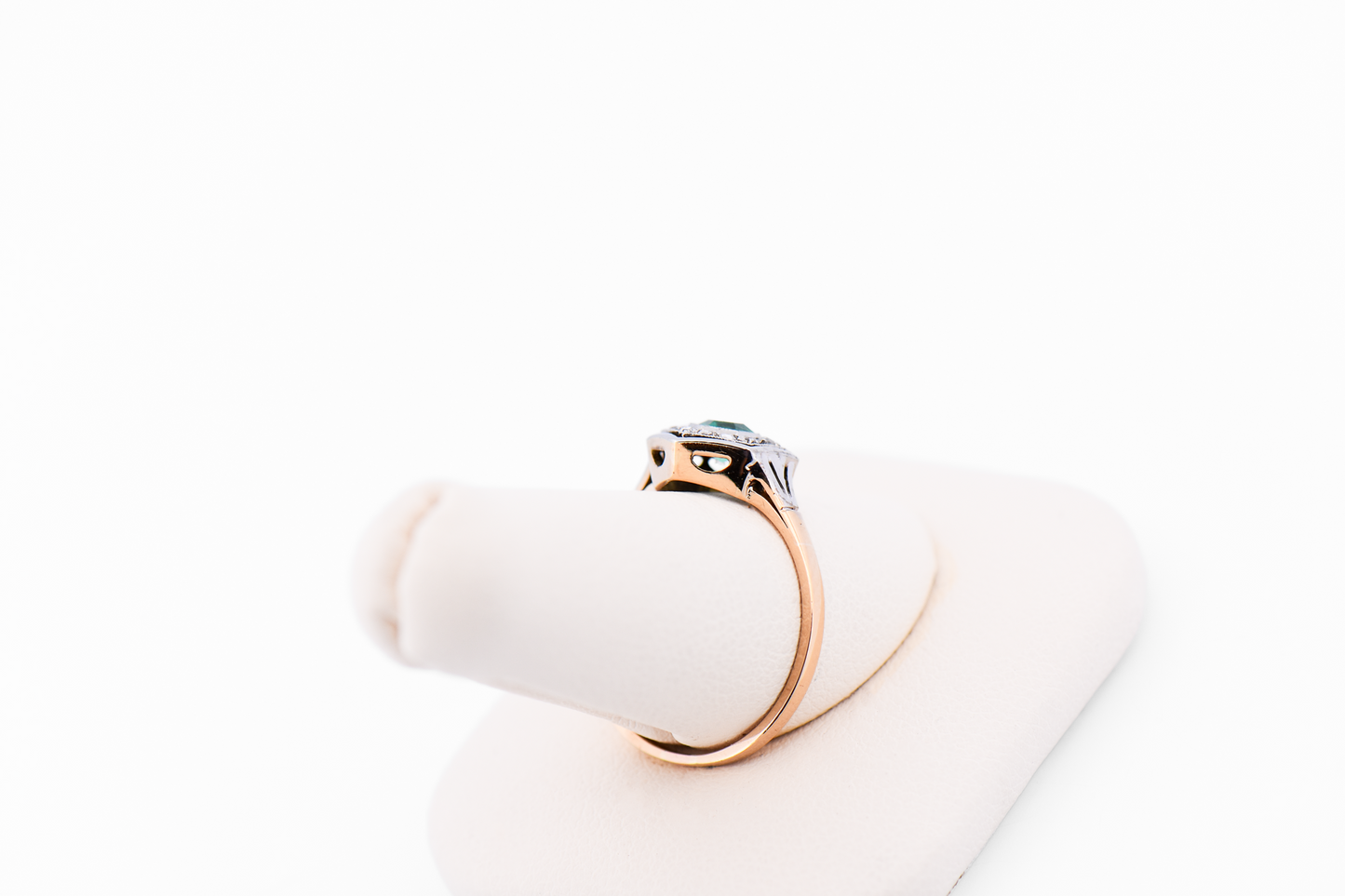 Dainty Hexagonal Art Deco Engagement Ring with Emerald & Rose Cut Diamonds