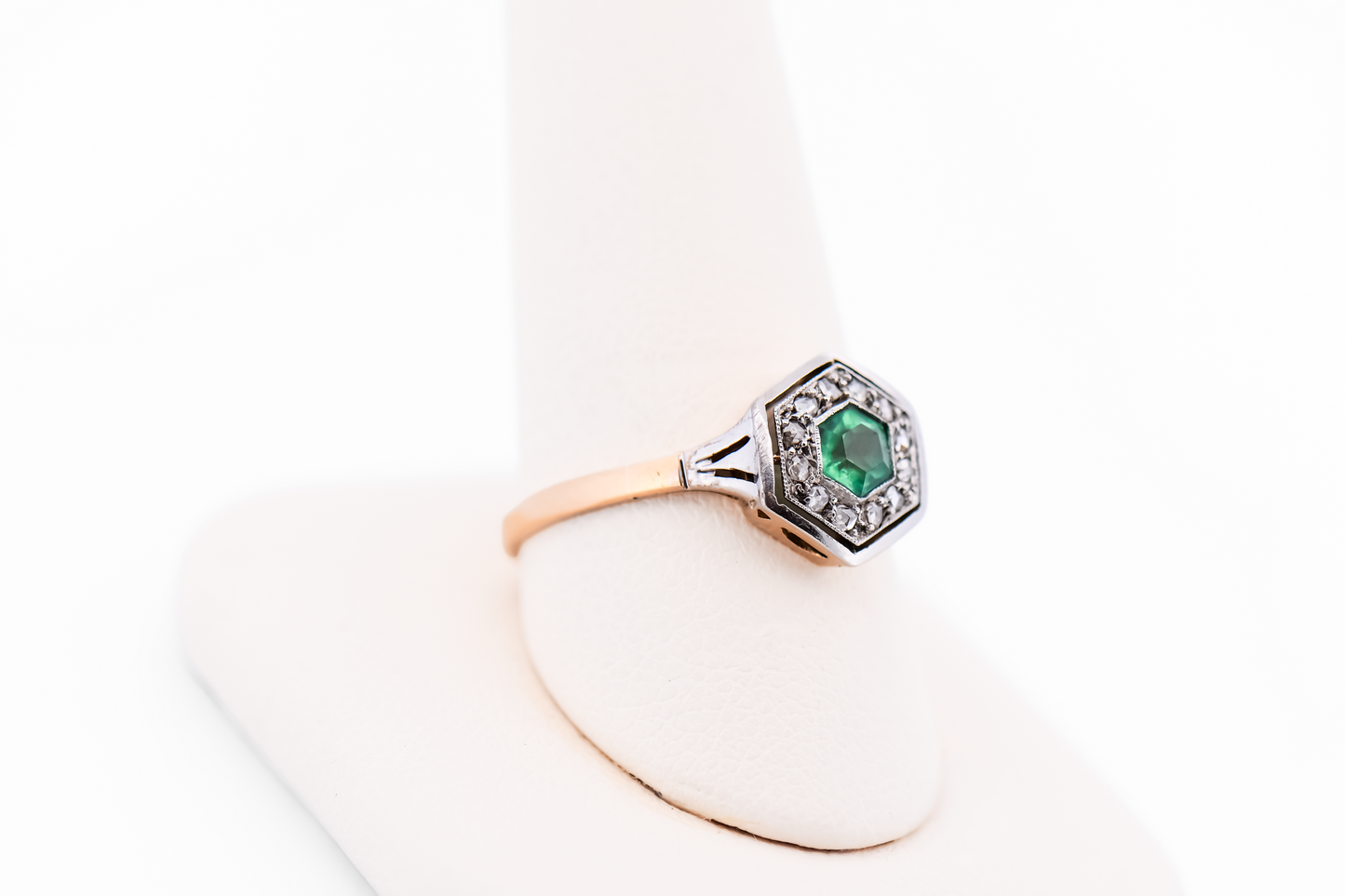 Dainty Hexagonal Art Deco Engagement Ring with Emerald & Rose Cut Diamonds