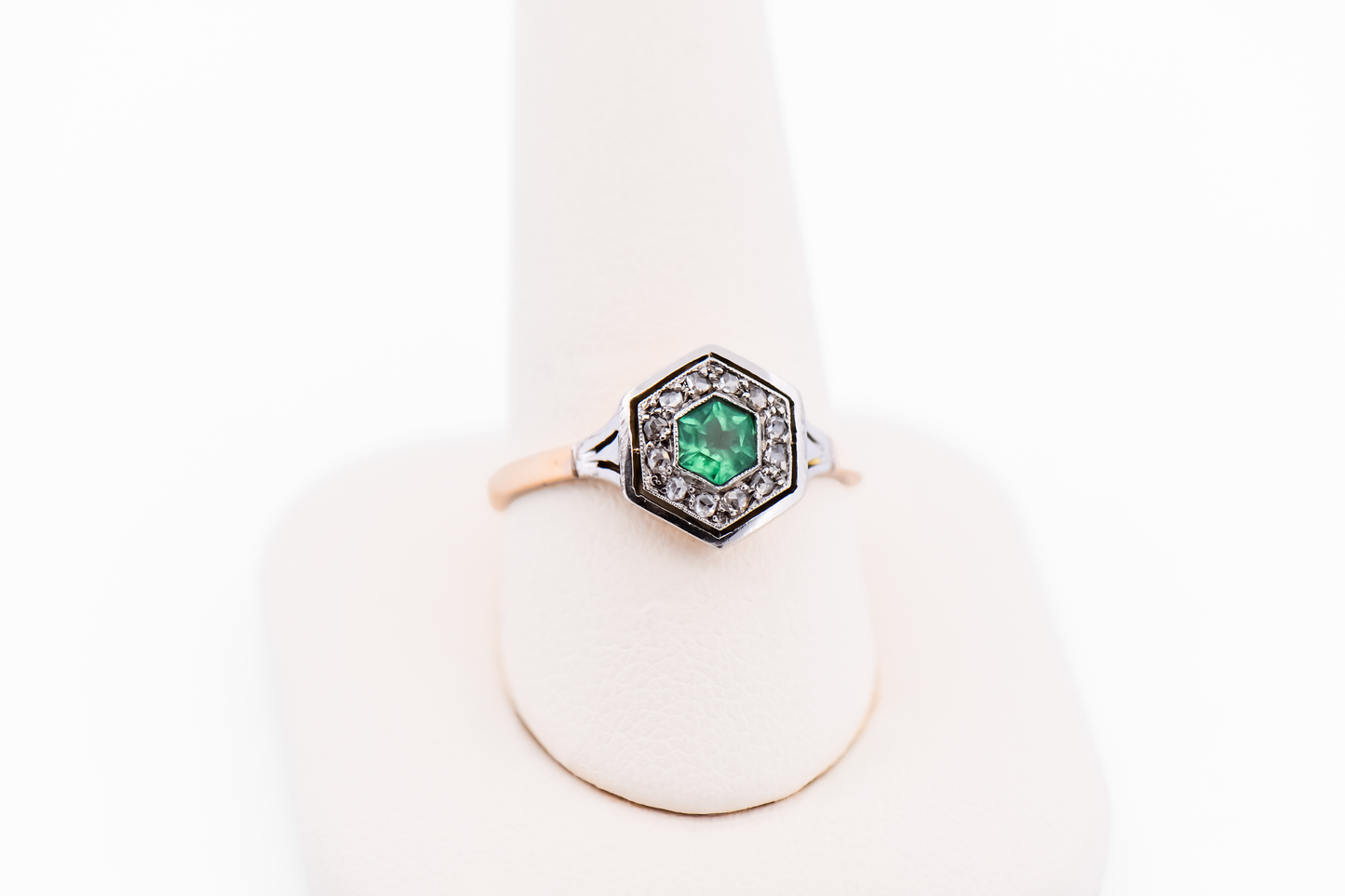 Dainty Hexagonal Art Deco Engagement Ring with Emerald & Rose Cut Diamonds