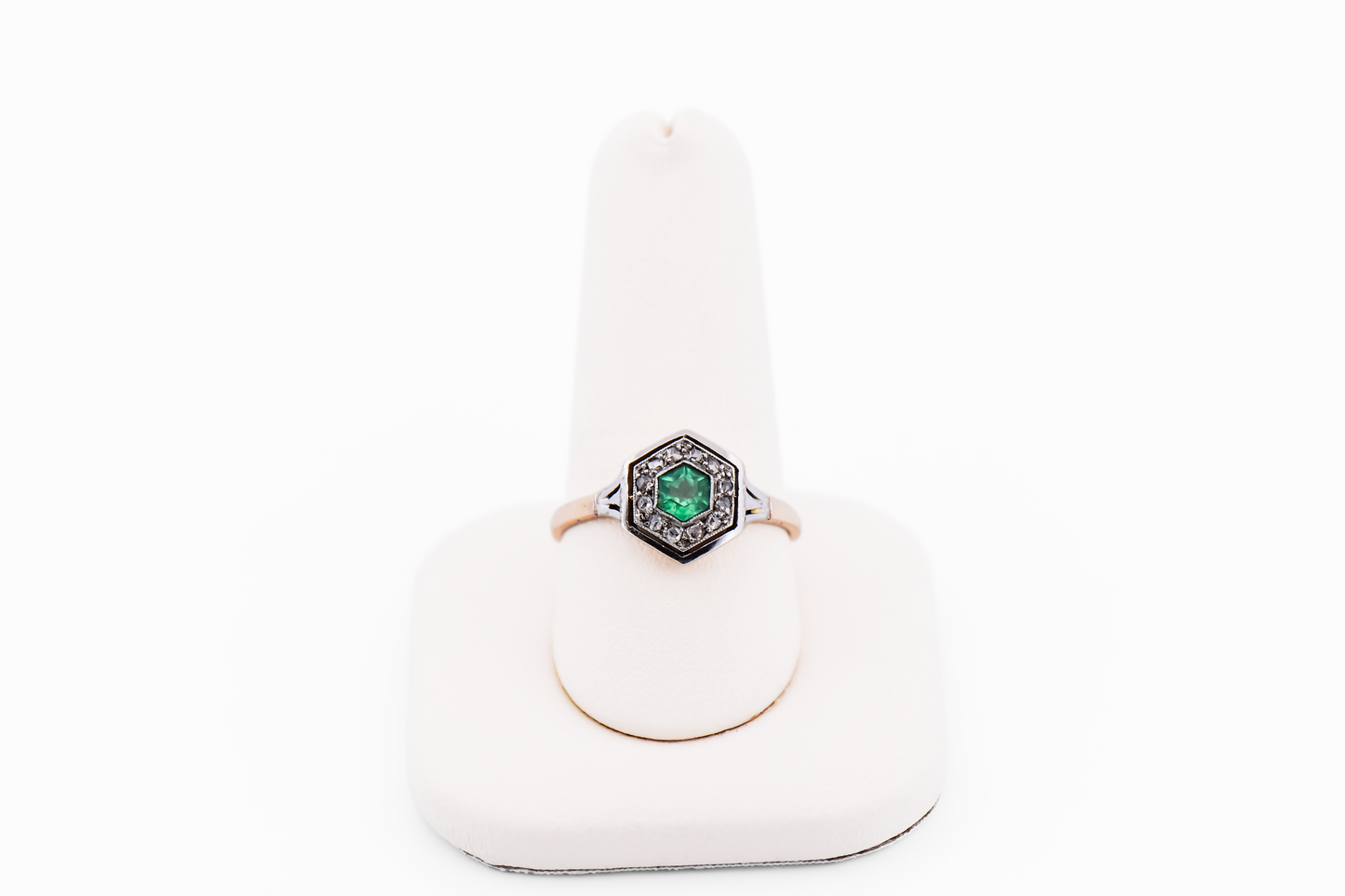 Dainty Hexagonal Art Deco Engagement Ring with Emerald & Rose Cut Diamonds