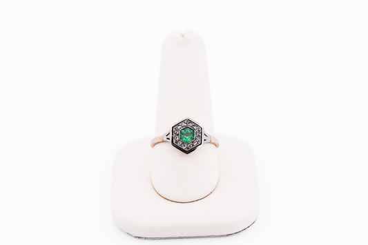 Dainty Hexagonal Art Deco Engagement Ring with Emerald & Rose Cut Diamonds