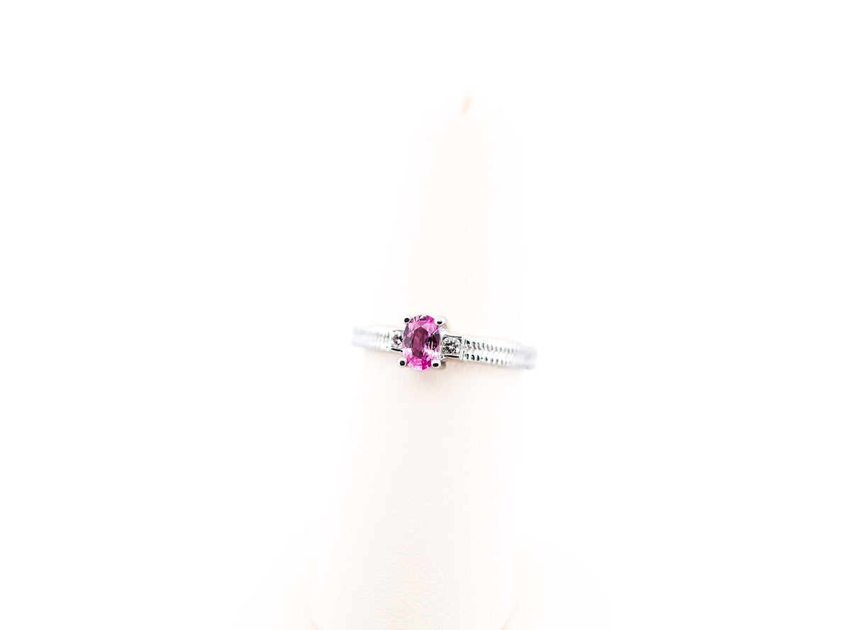 Dainty Oval Pink Sapphire & Diamond 3-Stone Ring in 18k White Gold