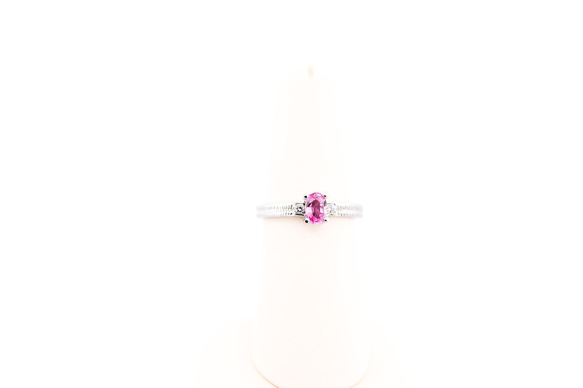 Dainty Oval Pink Sapphire & Diamond 3-Stone Ring in 18k White Gold