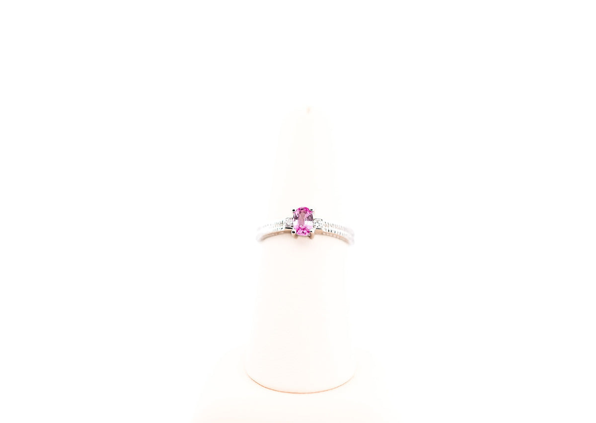 Dainty Oval Pink Sapphire & Diamond 3-Stone Ring in 18k White Gold