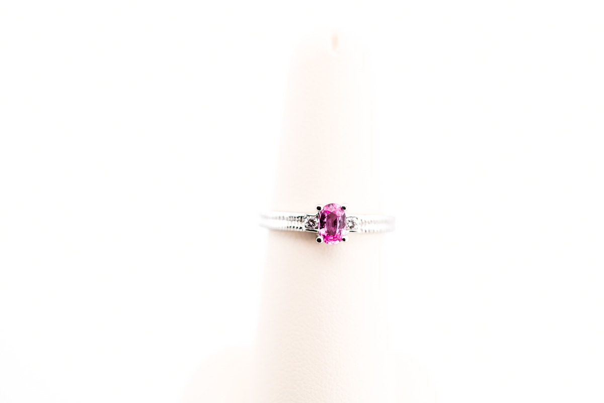 Dainty Oval Pink Sapphire & Diamond 3-Stone Ring in 18k White Gold
