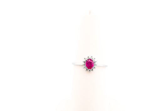Dainty Oval Ruby & Diamond Halo Engagement Ring in White Gold