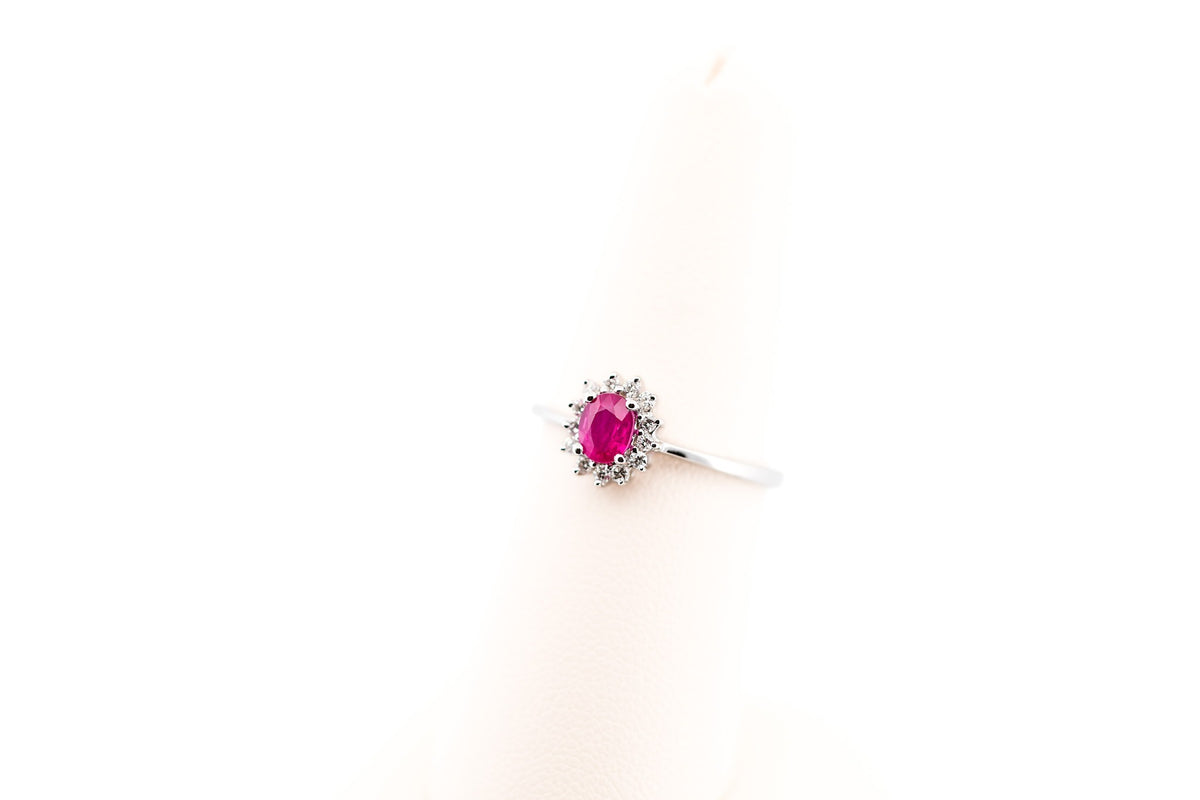 Dainty Oval Ruby & Diamond Halo Engagement Ring in White Gold