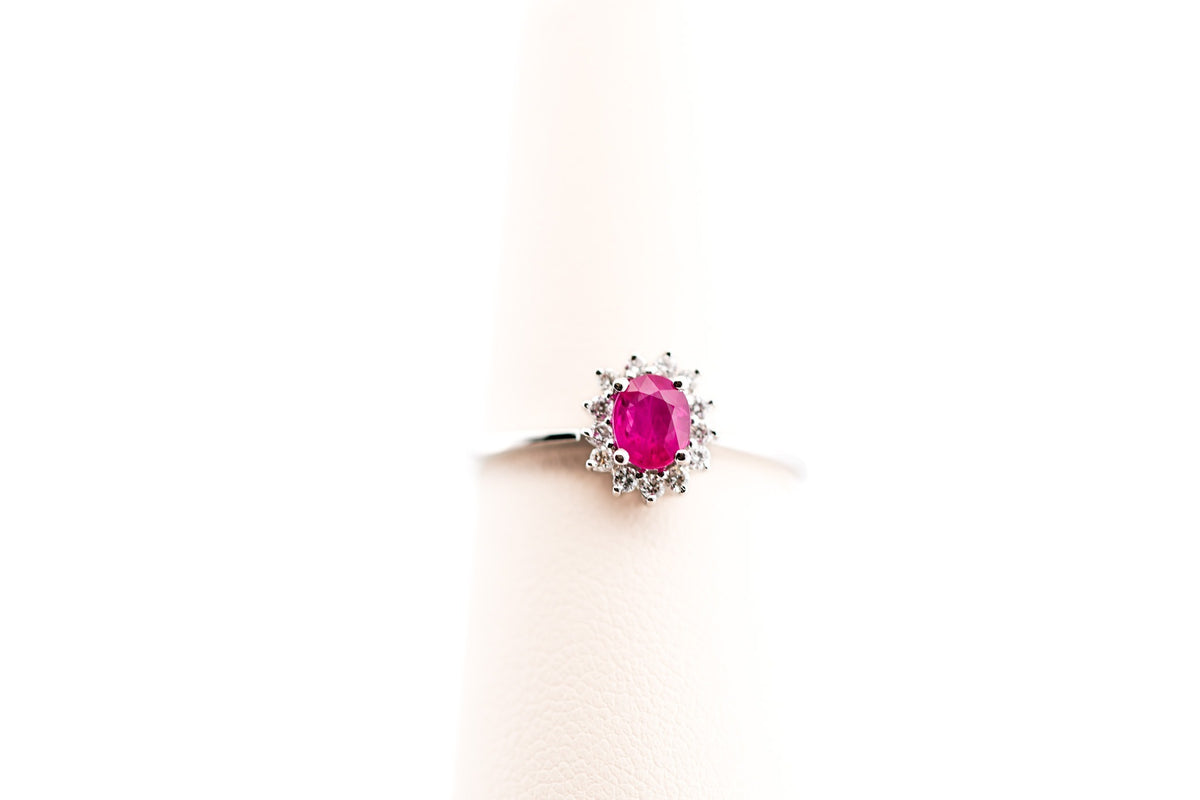 Dainty Oval Ruby & Diamond Halo Engagement Ring in White Gold